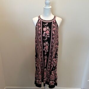 LOFT Black and Pink Floral Midi Dress